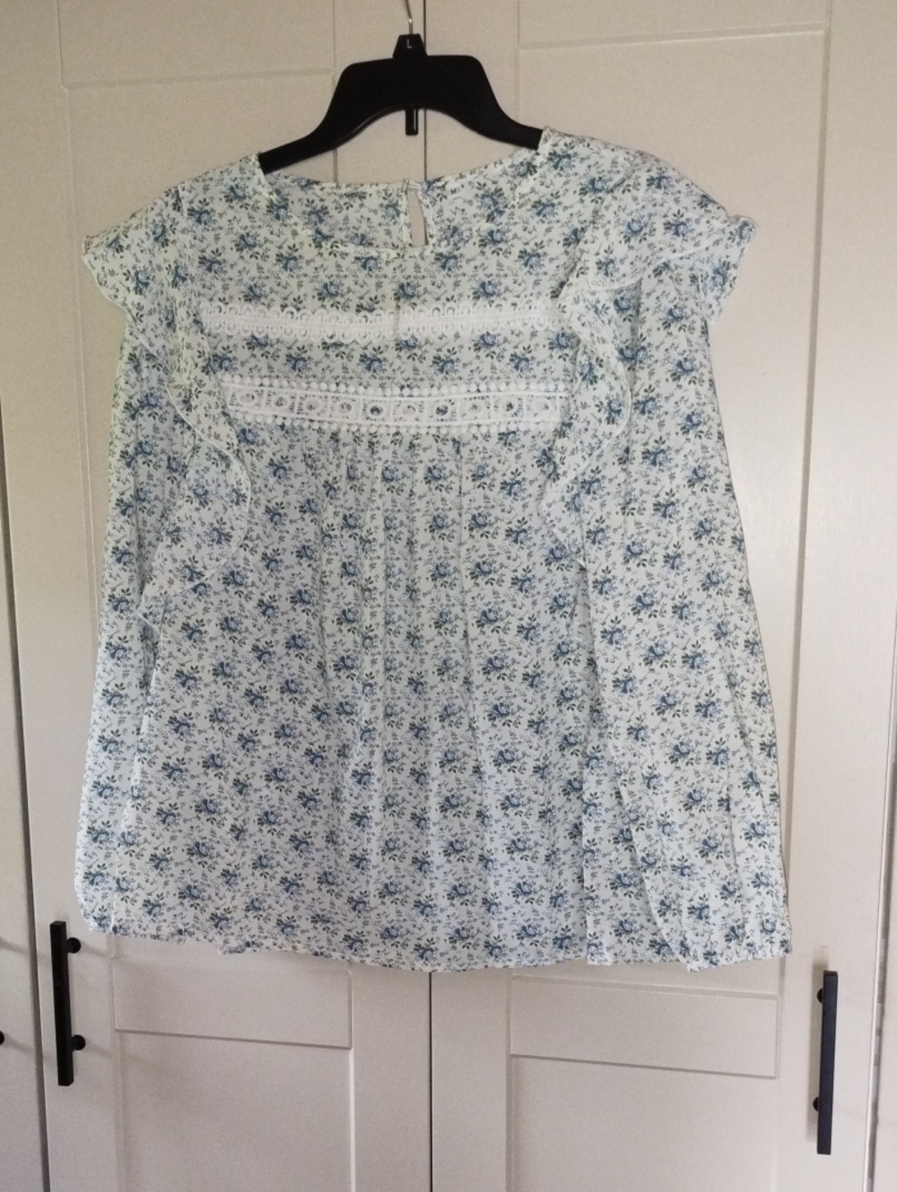 Amazon Blue Floral Lace-Trim Peasant Blouse